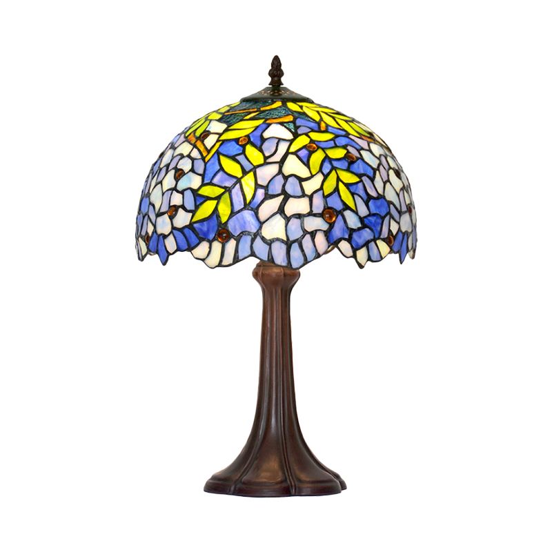 Mediterranean Leafy Pattern Table Lamp 1 Head Stained Glass Night Stand Light in Bronze