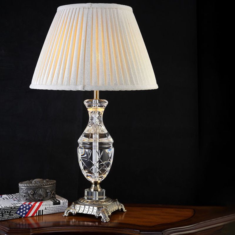 Fabric Shaded Desk Lamp Modern 1 Head Grey Table Light with Carved Bronze Metallic Pedestal