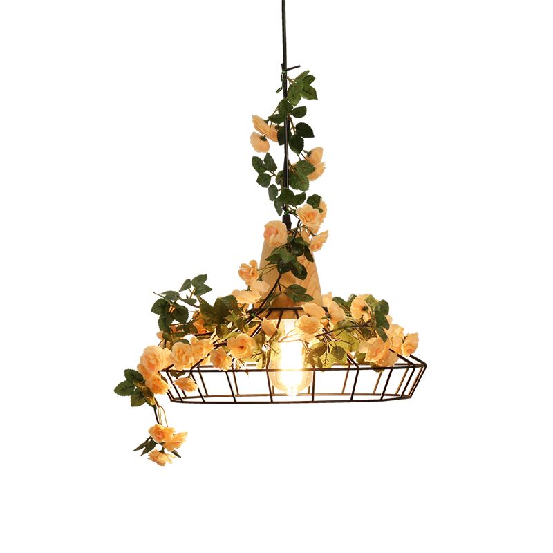 Vintage Caged Hanging Lamp 1-Light Iron Lighting Pendant with Artificial Rose in Orange Pink