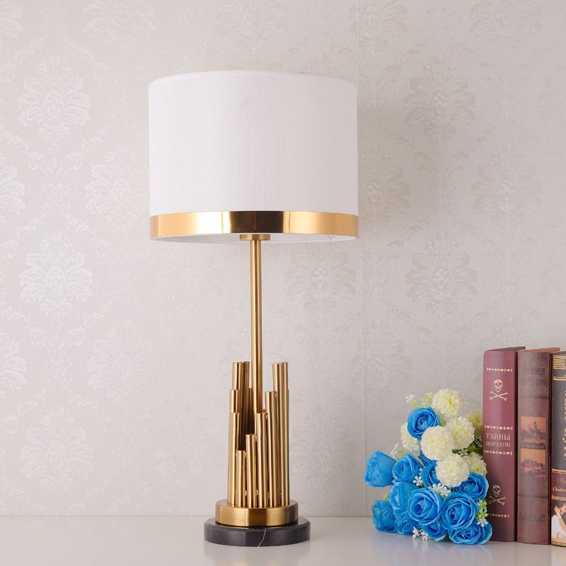 1 Head Bedroom Task Lighting Modern Gold Small Desk Lamp with Cylinder Fabric Shade