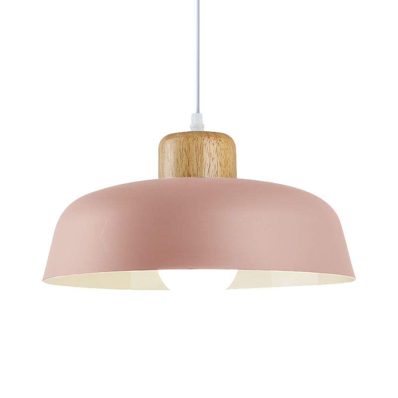 Bowl Shade Restaurant Pendant Lamp Metallic 1 Bulb Macaron Hanging Light in Pink/Blue/Yellow with Wood Knob