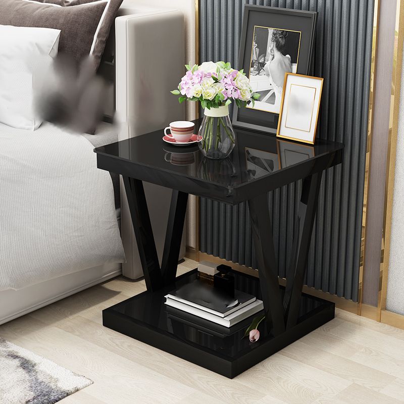 Glass Top Night Table Open Storage Steel Modern 2-Shelf Nightstand in Black/White