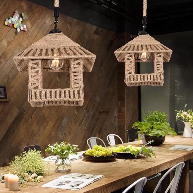 Brown Pavilion Hanging Pendant Country Hand-Woven Rope Single Restaurant Suspension Lighting