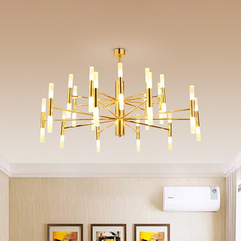 Metallic 2-Tier Slim Tube Pendant Minimalist 40-Head Ceiling Chandelier in Brass for Living Room