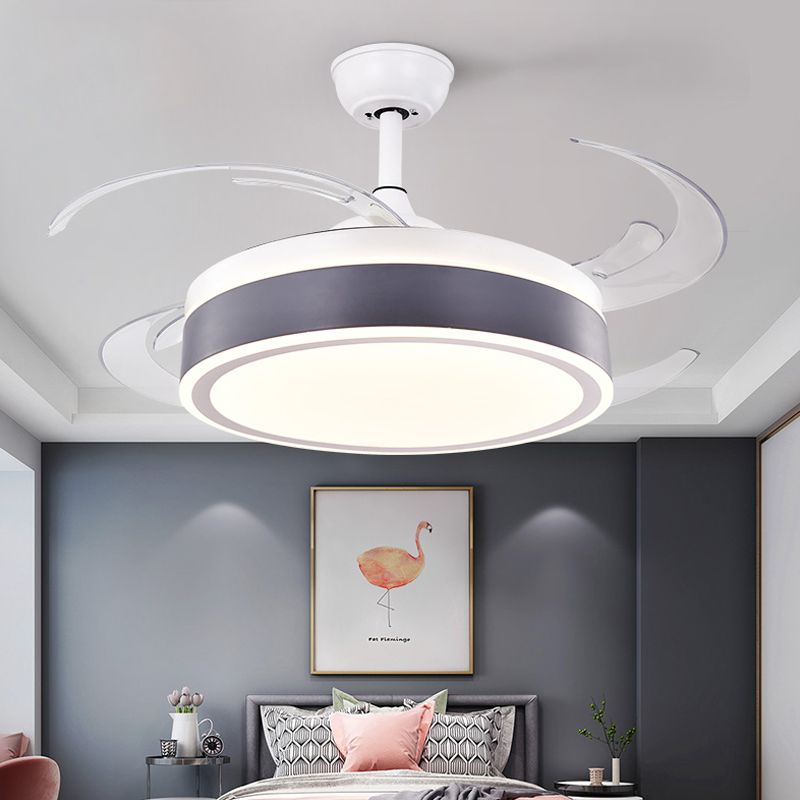 Metalen ronde hangende ventilator licht eenvoudig moderne 4 bladen led semi -spoel gemonteerde lamp in grijs/roze/blauw voor eetkamer, 47 "breed