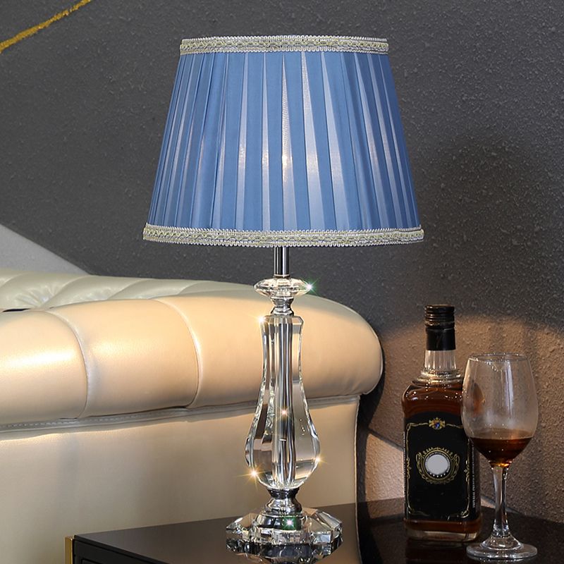 1 Head Flared/Pleated Shade Table Light Traditional Beige/Burgundy/Sky Blue Fabric Nightstand Lamp with Crystal Column