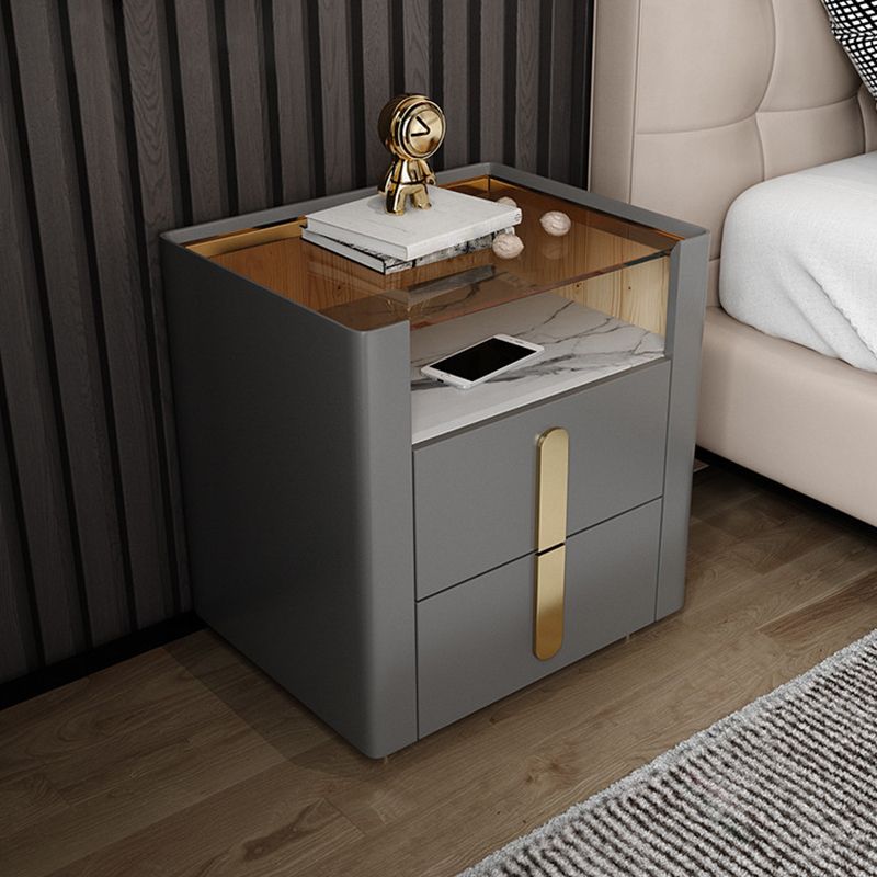 Glam 22 Inch H Nightstand Glass Top Open Storage 2-Drawer Night Table