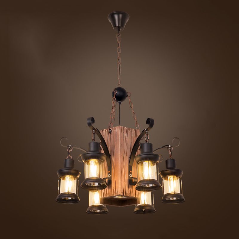 Wood Shaded Ceiling Hung Fixture Industrial Style Restaurant Ceiling Chandelier in Black