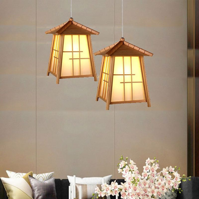 Bamboo House Hanging Lamp Chinese 1 Head Ceiling Pendant Light in Wood for Tearoom