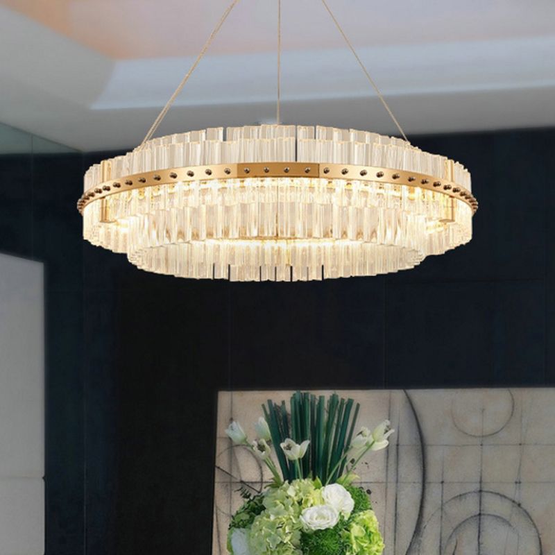 19.5" Dia 2-Tiered Chandelier Contemporary Crystal LED Gold Hanging Ceiling Light with Adjustable Hanging Cords