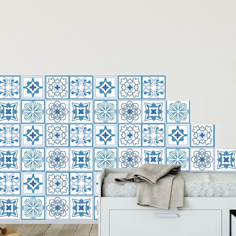 Blue Floral Wallpaper Panel Set Mosaic Tile Boho Self Sticking Wall Covering for Accent Wall