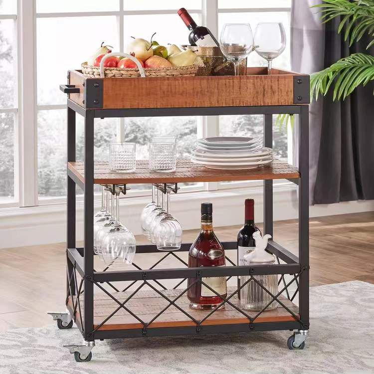 Modern Rolling Prep Table Wood Rectangular Prep Table for Home Use