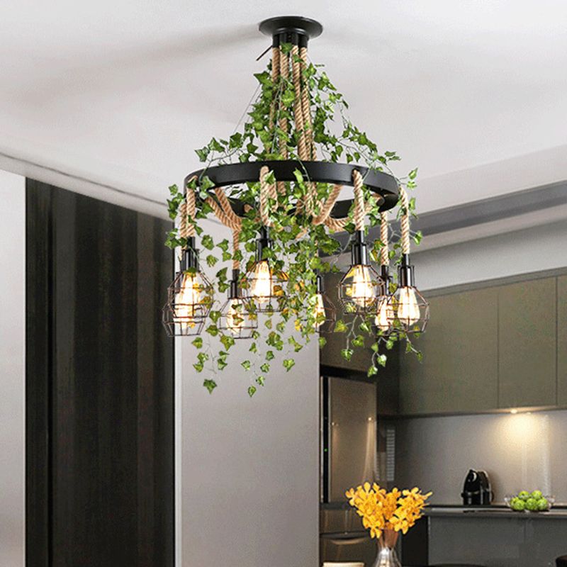 8 Heads Hemp Rope Cluster Pendant Industrial Black Bare Bulb Restaurant LED Down Lighting with Plant