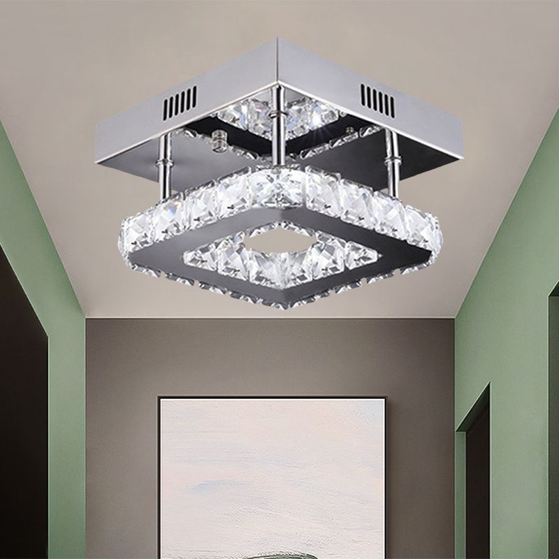 LED Square Ceiling Lamp Modern Gold/Stainless-Steel Clear Faceted Crystal Blocks Semi Flush Mount in White/Warm Light