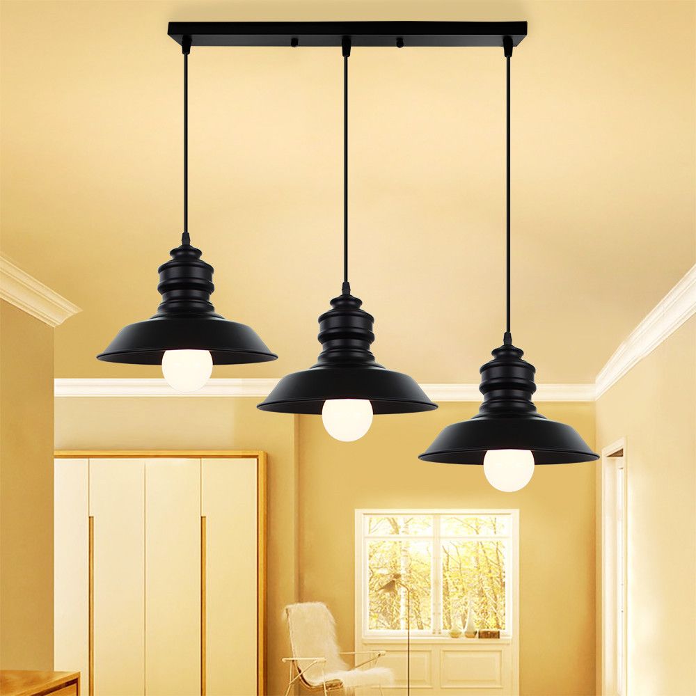 Bauernhaus Scheune Pendelleuchte 3 Lichter Metallic Hanging Leuchte mit runden/linearen Baldachin in Schwarz