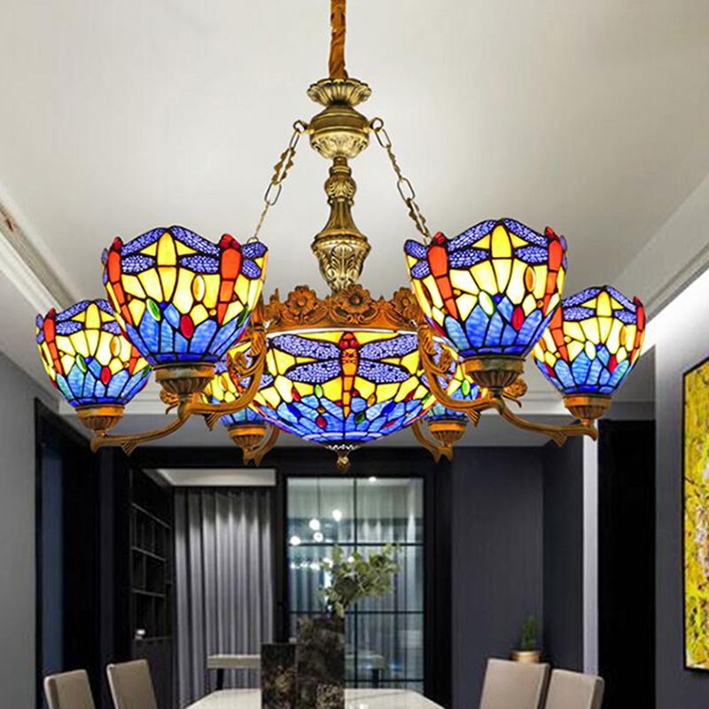 Bowl Chandelier Lighting Fixture Tiffany-Style Stained Art Glass Hanging Chandelier