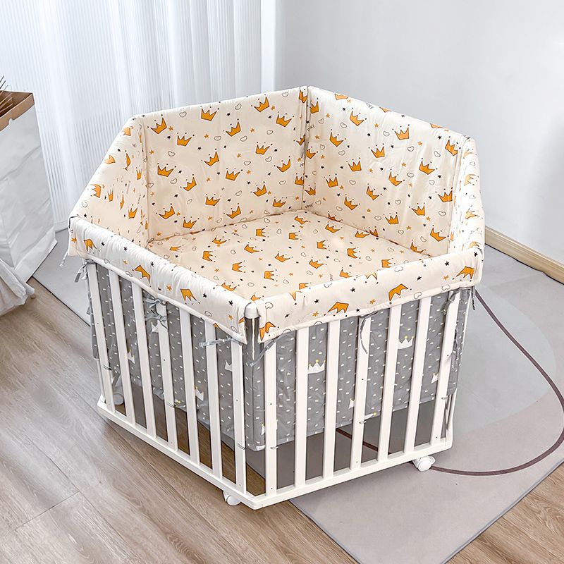 Hexagon White Crib Solid Wood 4-In-1 Convertible Crib with Casters