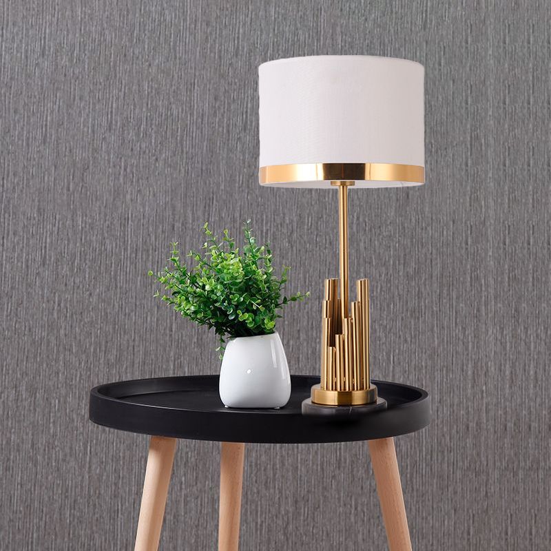 1 Head Bedroom Task Lighting Modern Gold Small Desk Lamp with Cylinder Fabric Shade