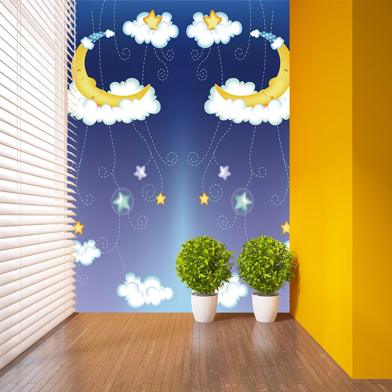 Cartoon Kids Wallpaper Murals with Moon-Star on Cloud Bed Pattern Yellow and Blue Wall Art