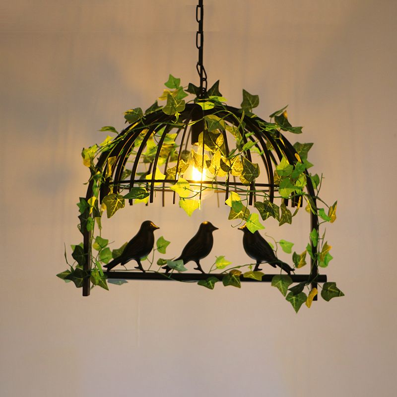 Iron Birdcage Suspension Light Antique Restaurant Island Island Chandelier Light avec Ivy artificiel en vert