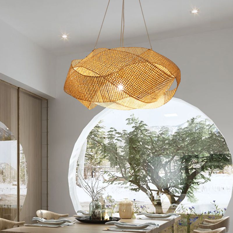 16“/19.5” W Modern Twist Bamboo Pendant Lighting 1 Light Hanging Light Fixture in Beige