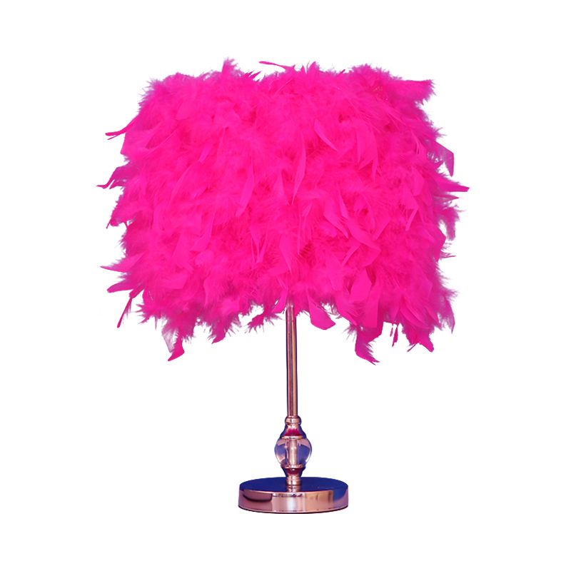 Simplicity Drum Night Lamp Feather 1-Light Bedroom Table Lighting in Pink/Red/Yellow with Crystal Decor