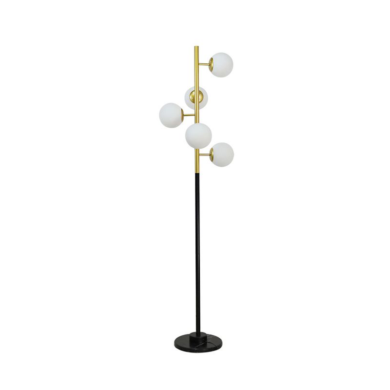 Black-Gold Tree Floor Light Simplicity 5-Bulb Metal Standing Up Lamp with Beige/Milk White Glass Shade