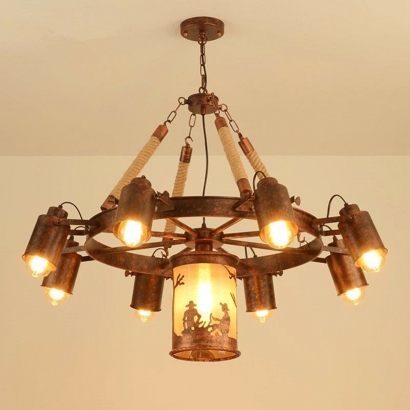 8 lichten IJzer verstelbaar kroonluchter hanger industrieel zwart/roestwiel restaurant plafond spotlight met touw accent