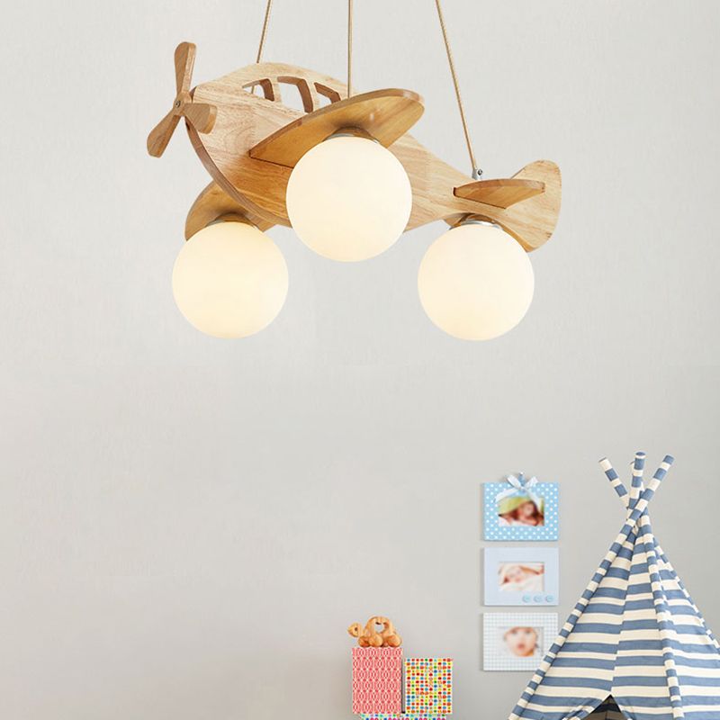 Lumineur en forme d'avion en bois massif Lumière 3-Light White White Grosted Ball Ball Shade Lighting For Salle pour enfants