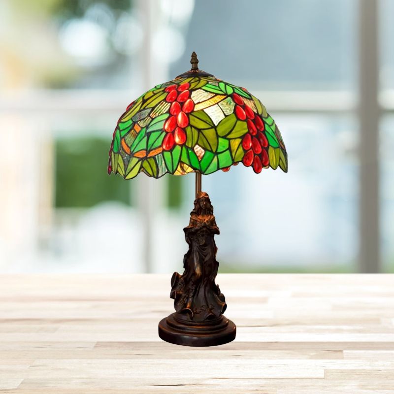 Tiffany Glass Grapes Table Lamp Baroque 1-Bulb Brown/Green/White-Brown Night Stand Light with Girl Base