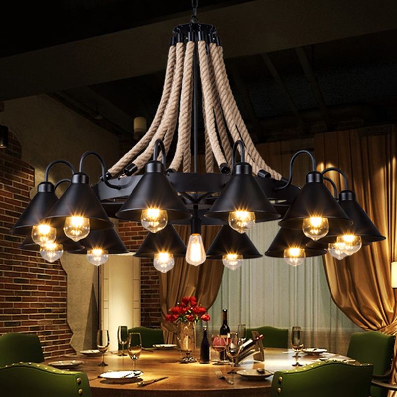 Black Conical Shade Chandelier Lighting Antique Style Iron Restaurant Pendant Light Fixture with Hemp Rope