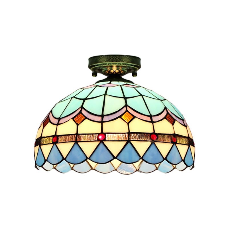 Schüssel Schüssel Flush Lighting mit Barock/Edelstein/quadratisch/blau quadratisch/gelbe Quadratmuster Tiffany -Stil Buntglas 1 Lampe Spülendedecke