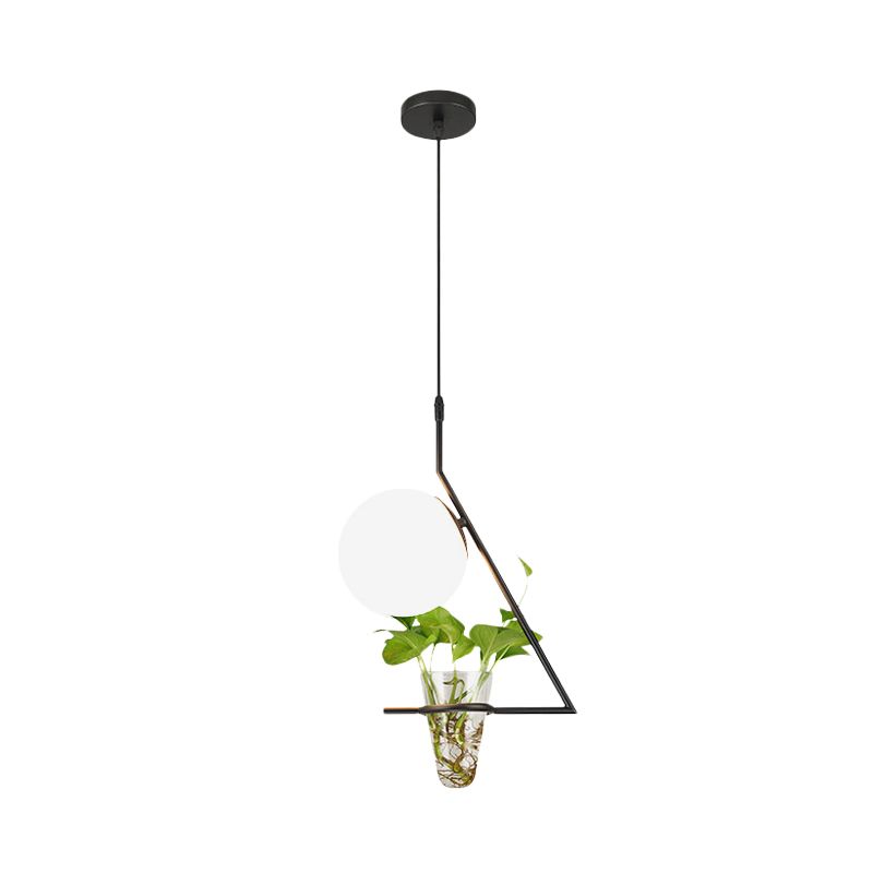 Farmhouse Ball Suspension Pendant 1 Head Milk Glass Hanging Light Fixture in Black/Grey/Gold with Plant Cup