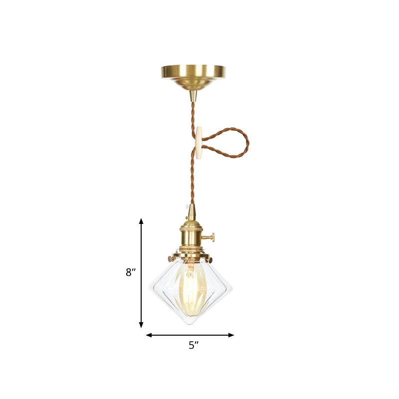 Single Light Gem Suspension Light with Clear Ribbed Glass Vintage Pendant Light in Brass