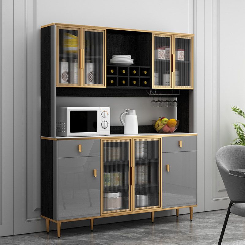 Contemporary Dining Hutch Glass Doors Faux Wood Storage Cabinet for Dining Room