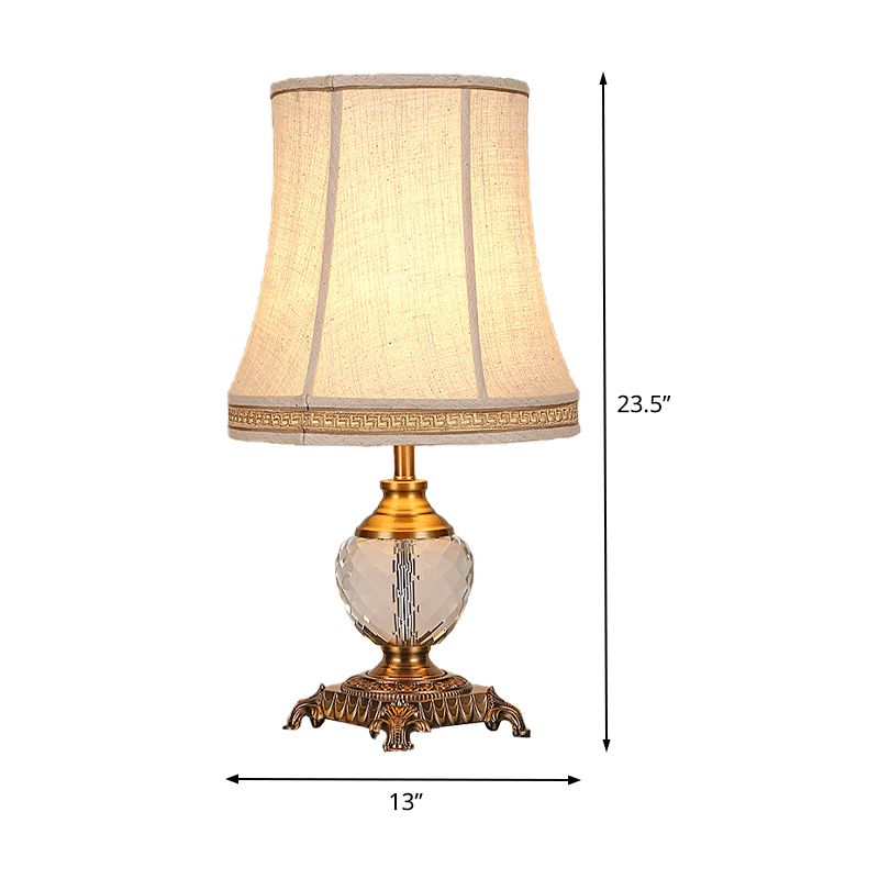 Bell Fabric Table Lamp Modern 1 Head Beige Desk Light, Carved Bronze Metallic Base