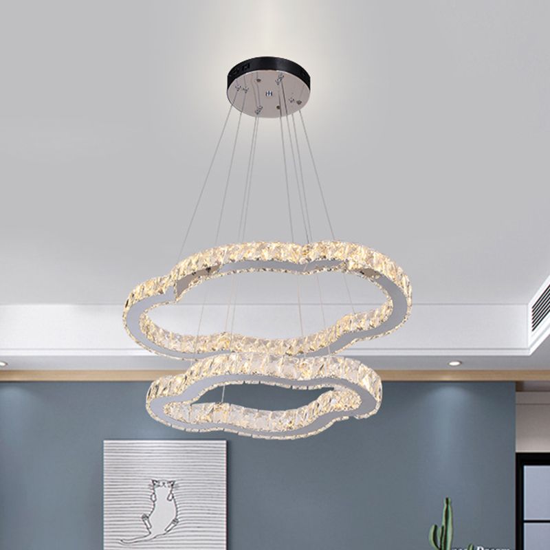 Chrome Finish LED Chandelier Simple Inlaid Crystal 2-Tier Cloud Shaped Pendant Light Kit, Warm/White Light