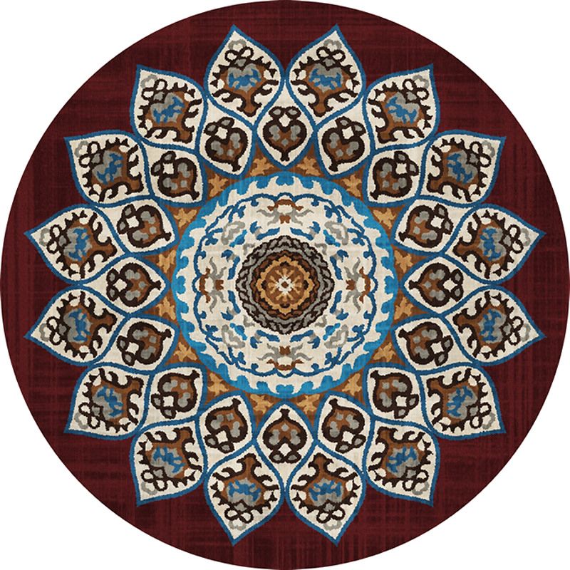 Round Multicolor Concentric Circle Rug Polyester Retro Carpet Easy Care Indoor Rug for Living Room