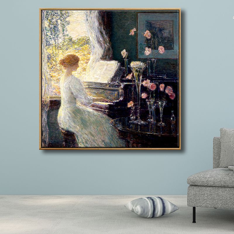 Vintage Wall Art Decor Green Beauty Playing the Piano Canvas in Green for Living Room