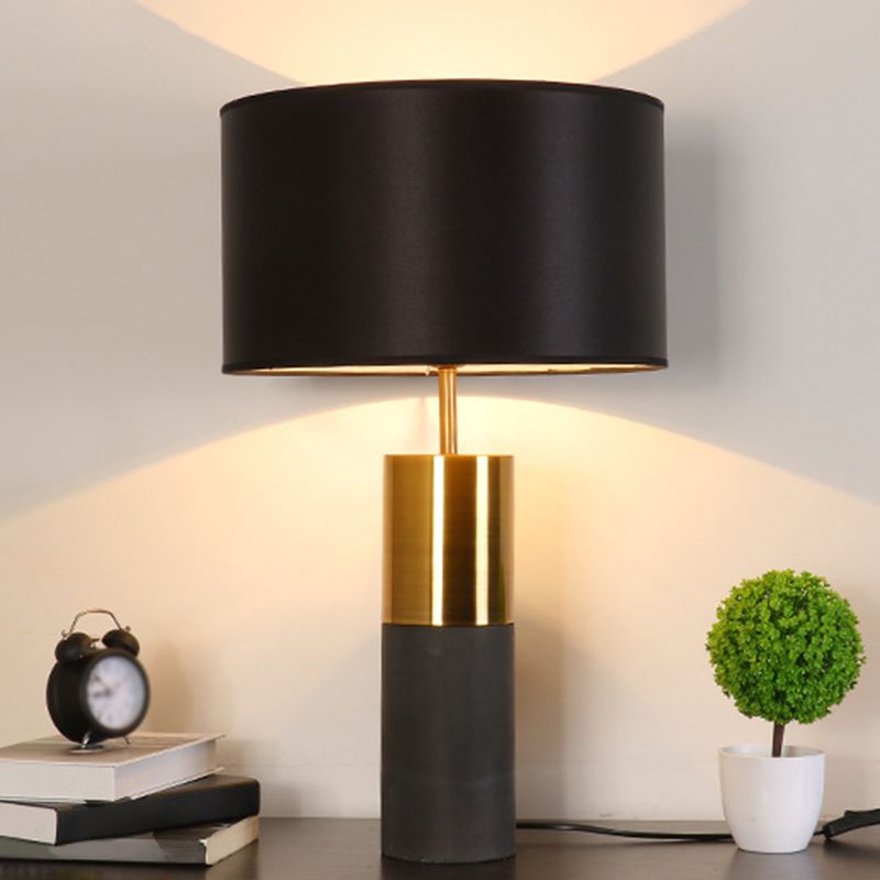 Cement Cylindrical Table Lamp Minimalistic Single Nightstand Lighting with Drum Fabric Shade