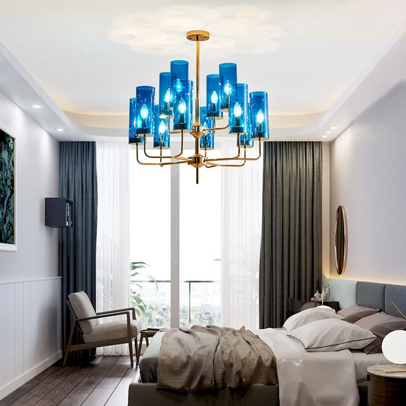 Post-modern Style Chandelier Cylindrical Glass Shade Simplicity Home Decorative Hanging Light in Electroplated Gold