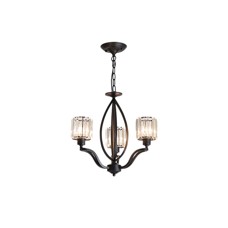 Simple Cylinder Chandelier Light Crystal Block 3/6 Lights Bedroom Ceiling Light Fixture in Black