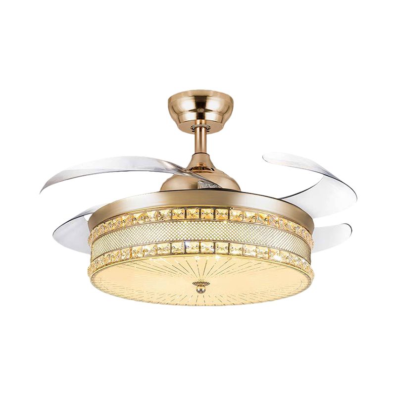 19 "W LED Slaapkamer Hangventilator Lamp Eenvoudig Gold 4 Blades Semi Flush Lighting met trommelkristallen schaduw