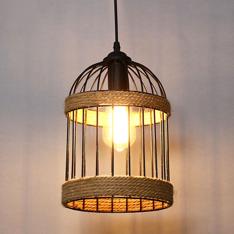 Single Ceiling Light Industrial Geometrical Hemp Rope Hanging Pendant Light in Black