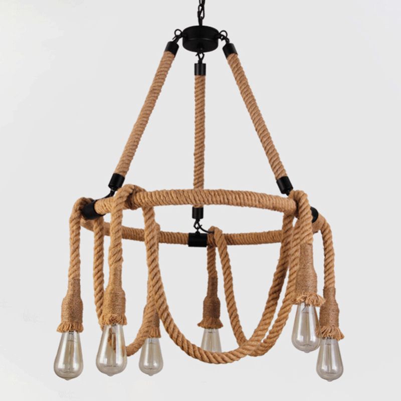 Industrial Chandelier Bare Bulb Manila Rope Vintage Room Light Shop Light