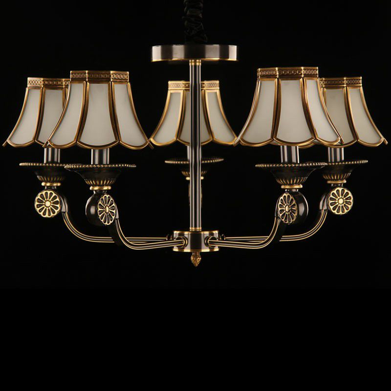 Gold and Black Flared Chandelier Traditional Frosted Glass Bedroom Suspension Light Fixture