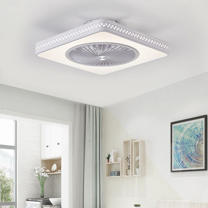 White Hollowed-out Fan Lamp Fixture Modern LED Metal Semi Flush Light for Bedroom