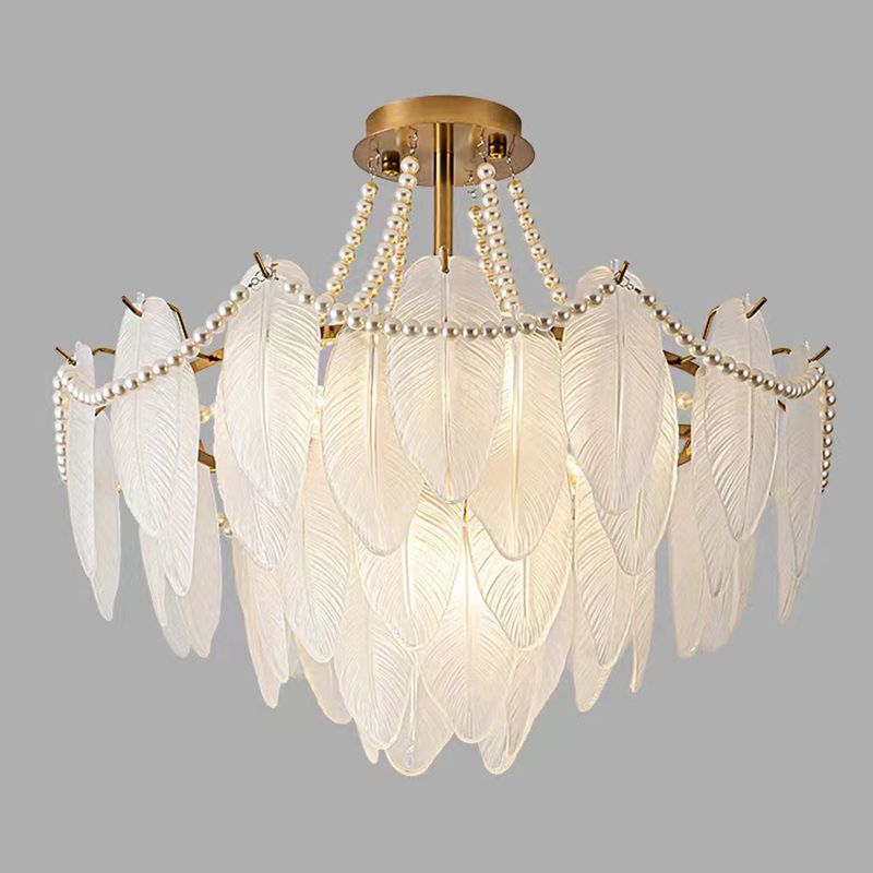 Modern Metal Flush Mount Feather Shape Ceiling Light with Glass Shade for Living Room