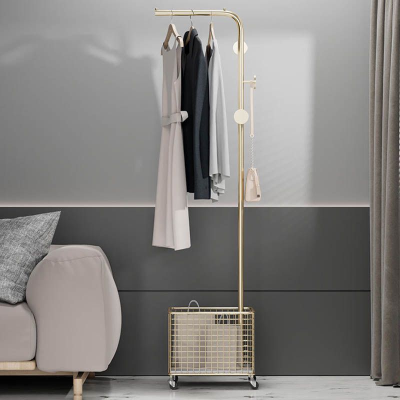 Modern Basket Storage Coat Hanger Castors Detail Metal Coat Rack for Living Room