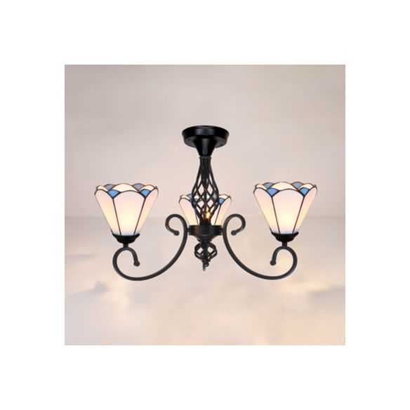 3 Lights Stained Glass Ceiling Light Vintage Tiffany Surface Mount Ceiling Light in White/Blue